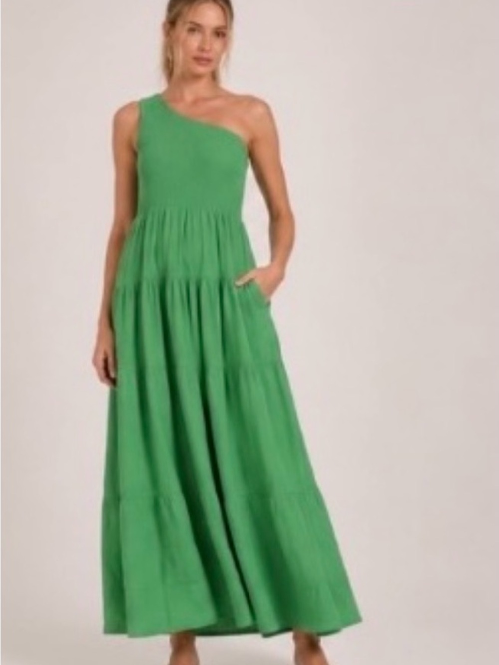 One-Shoulder Tiered Midi Dress in Green